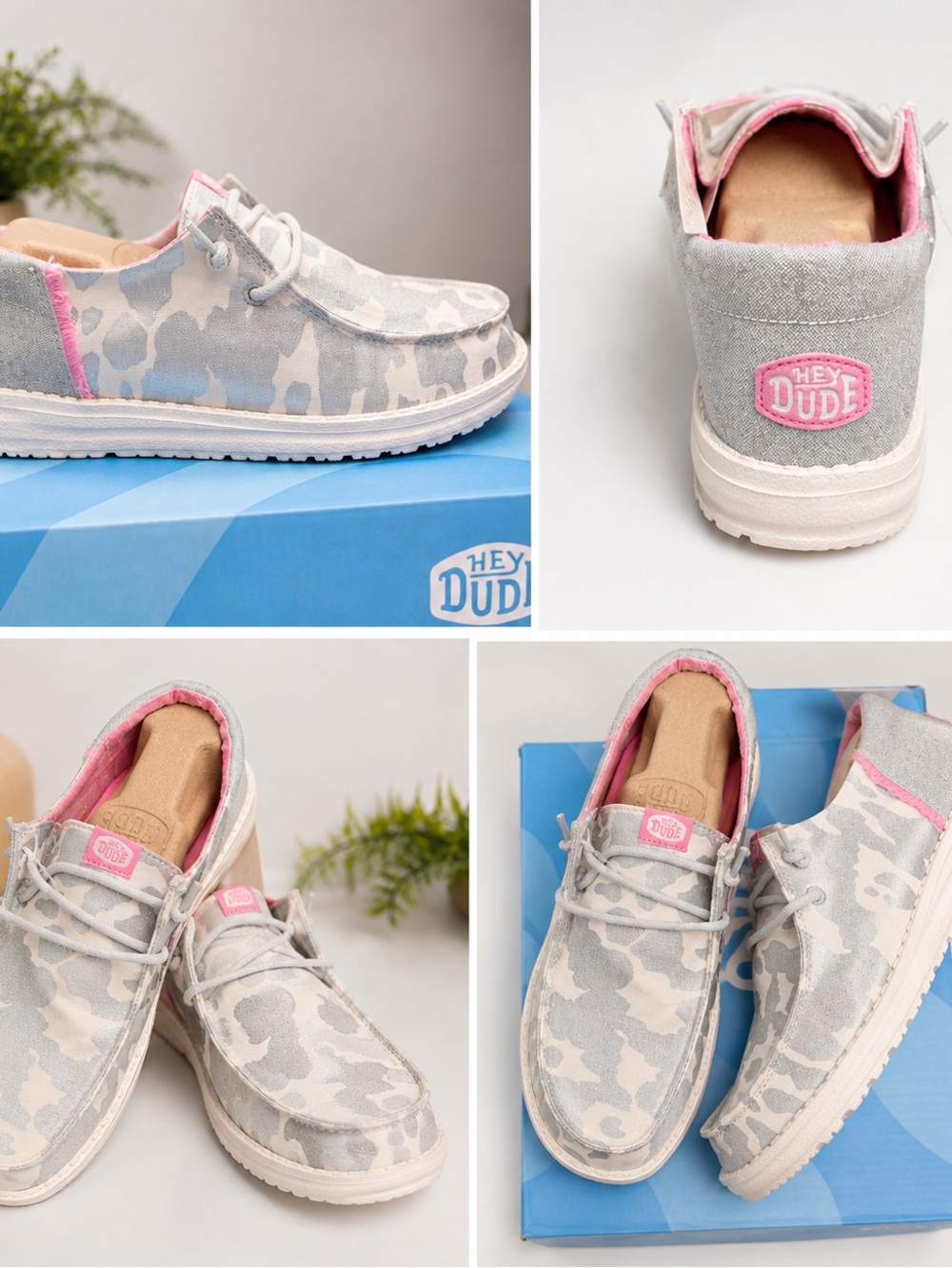 Hey Dude Women's Grey Camo Moccasins with Pink Trim